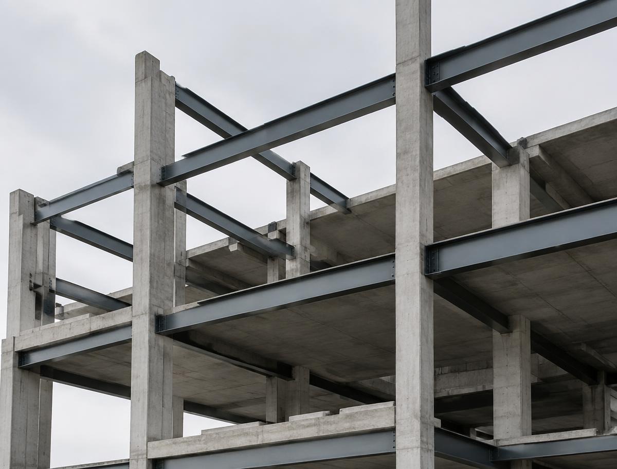 Concrete and steel structural frame of a building under construction